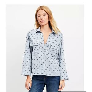 Loft Shirt Metallic Clip V-Neck Pocket Popover Linen/Cotton Blend Blue Collared